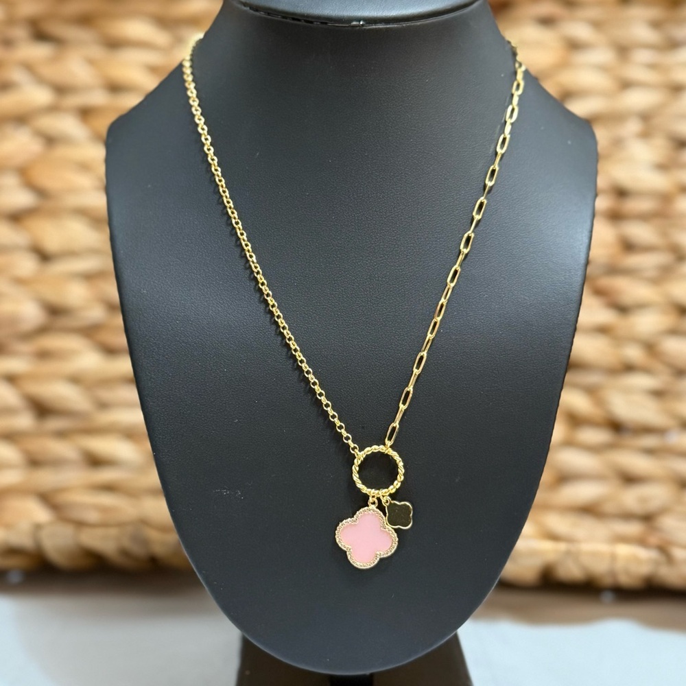 Gold and Pink Clover Pendant Necklace